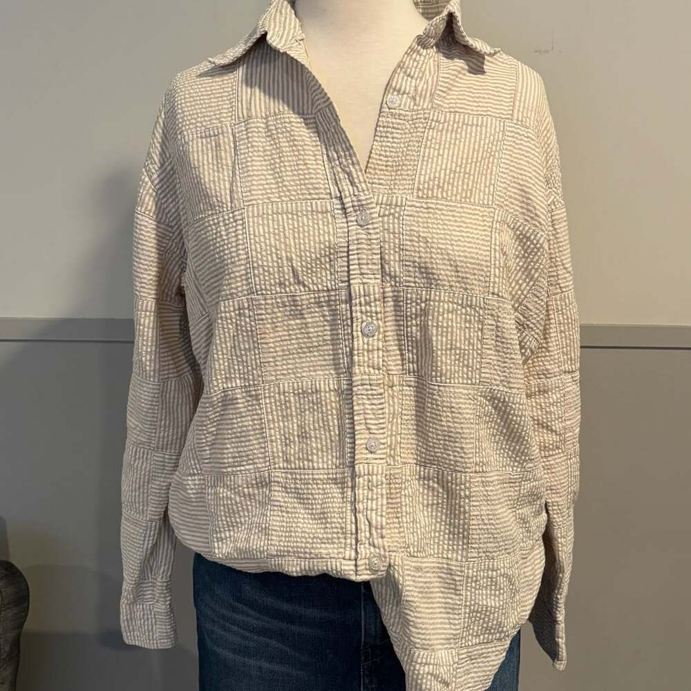 Cape Madras Patchwork Button-Down Shirt Size XL Beige Stripe